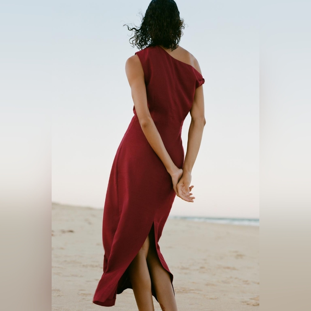 ❌️SOLD❌️RUCHED LINEN BLEND MIDI DRESS SIZE L - Picture 3 of 8